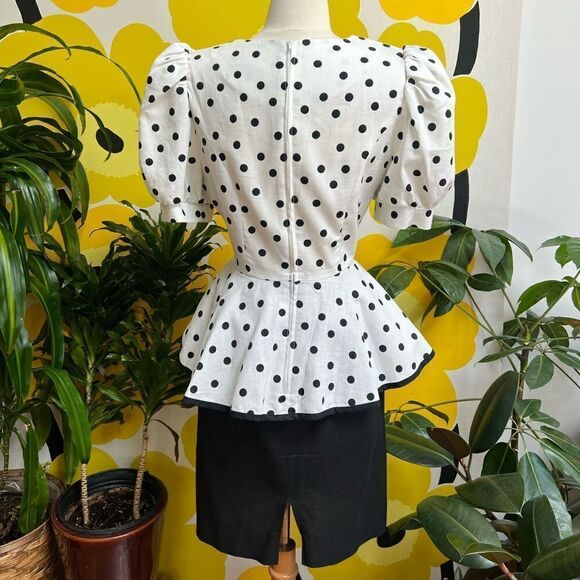 Killer Vintage 1980s White Pleated Tiered Peplum Polka Dot Bow Puff Sleeve Dress - Picture 4 of 11